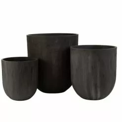 LANADECO Set De 3 Vases Ronds Céramique Hauts Noirs